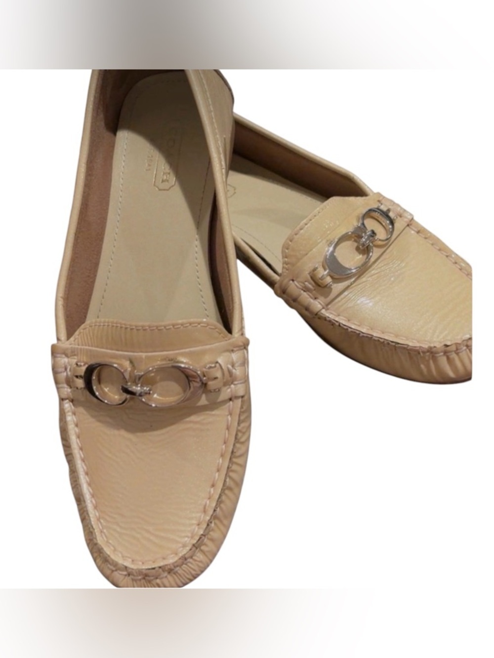Coach‎ Fortunata Pearlized Cloud Patent Leather Loafers Silver double C hardware